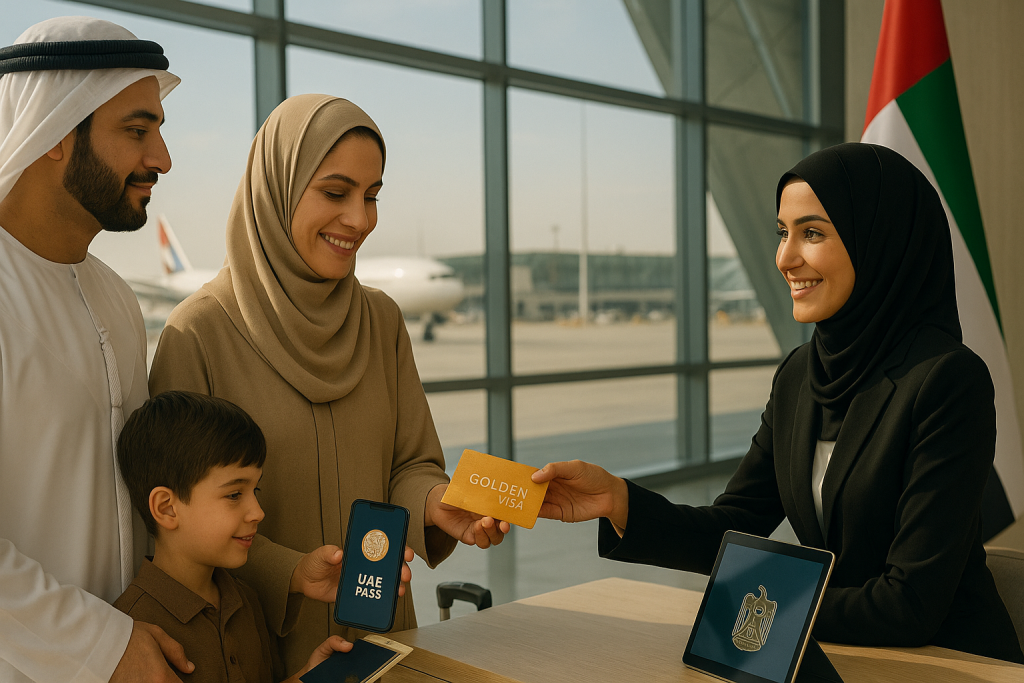 Emirati family at an airport Consular services receiving a UAE Golden Visa, with a child holding passports and the UAE Pass app visible, and a UAE officer assisting them.