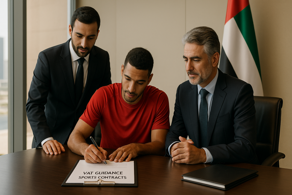 Football player signing a VAT sports contract in a UAE office with legal advisors and a UAE flag in the background.