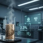 Laboratory setting showing a heated beaker emitting steam with digital overlay indicating “2.3% Natural Loss in Excise Goods,” illustrating evaporation effects during testing.