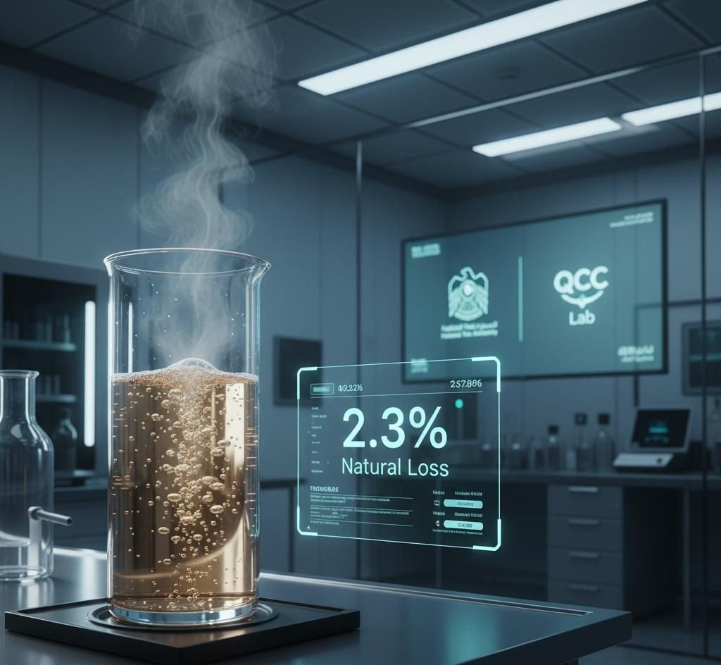 Laboratory setting showing a heated beaker emitting steam with digital overlay indicating “2.3% Natural Loss in Excise Goods,” illustrating evaporation effects during testing.