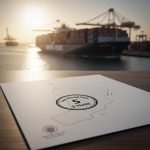 Document on a table displaying a “5-year tax exemption” stamp over a map outline, with cargo ships and port cranes in the background at sunset, depicting how Oman offers 5-year tax break for maritime operations.
