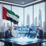 Business professionals in traditional Emirati attire reviewing digital policy documents in a modern UAE office, discussing the Excise Amendment UAE 2025 with city skyline in the background.