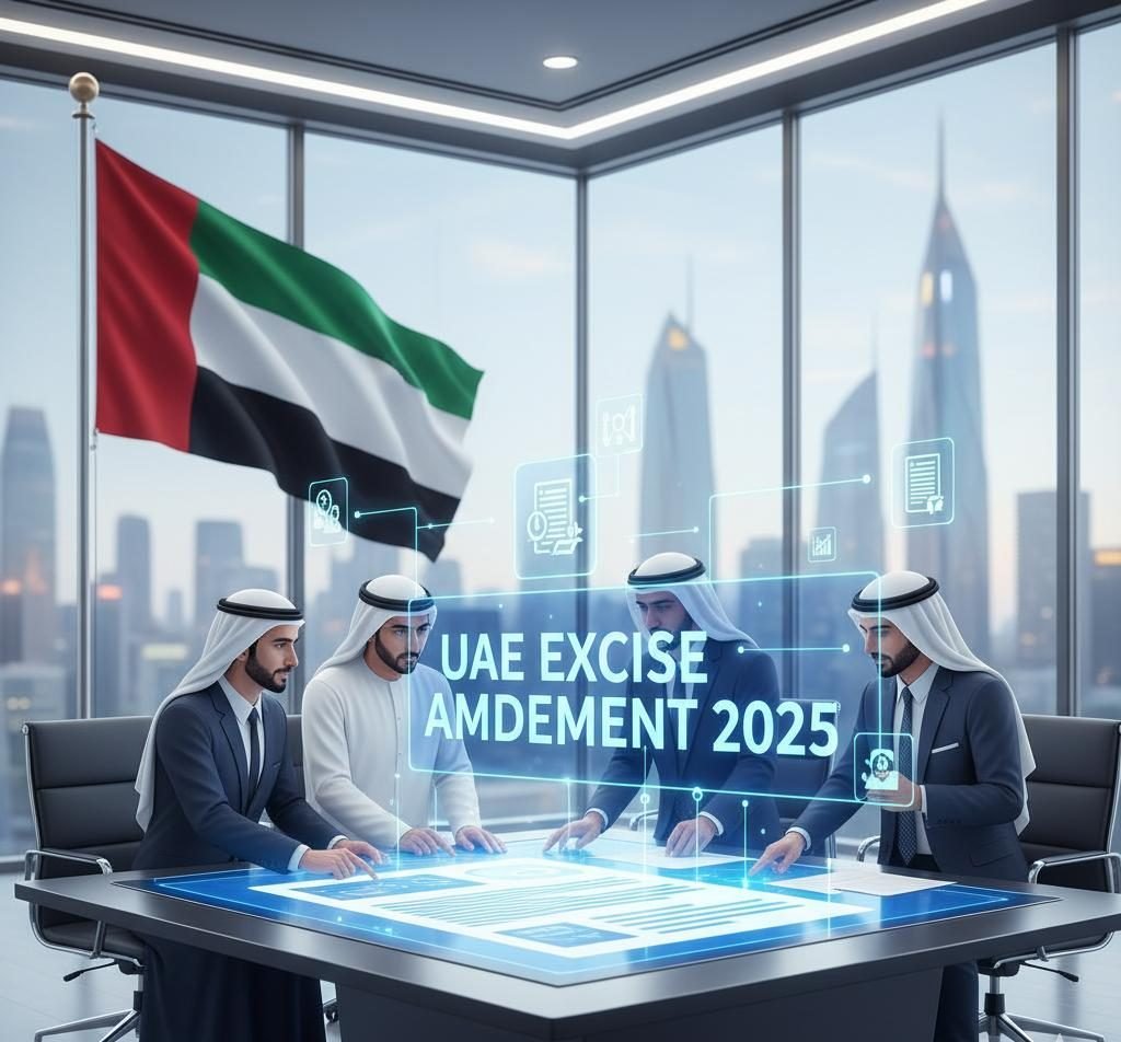 Business professionals in traditional Emirati attire reviewing digital policy documents in a modern UAE office, discussing the Excise Amendment UAE 2025 with city skyline in the background.